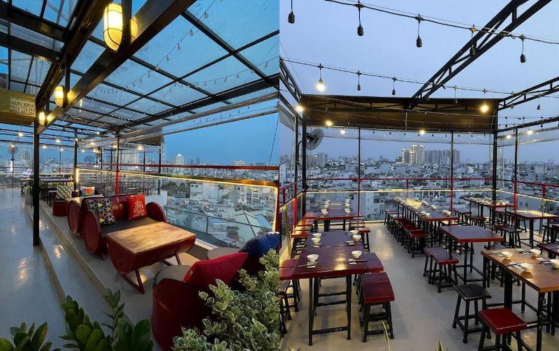 Hệ mái che linh hoạt như mái retractable, dù lớn hoặc pergola giúp Rooftop Beer thích ứng tốt với thời tiết nắng mưa thất thường