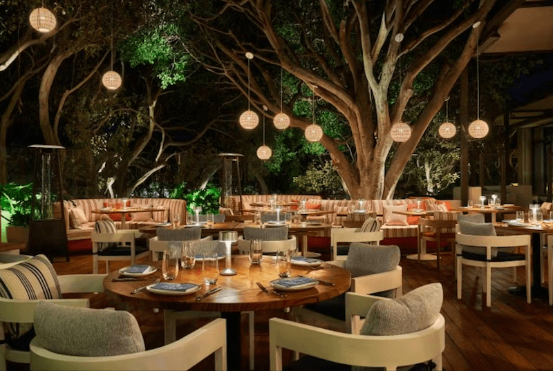 Hệ đèn treo trang trí tạo ánh sáng ấm áp, mang lại bầu không khí lãng mạn và thư giãn, phù hợp cho những buổi tối thưởng thức bữa ăn ngoài trời
