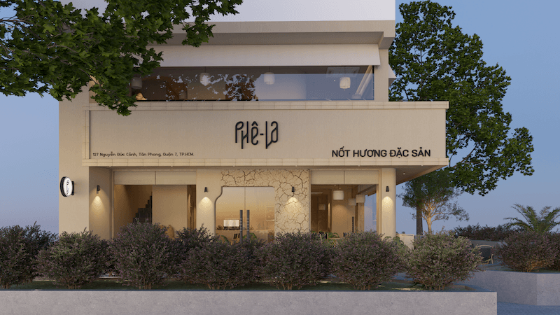 Công trình sử dụng ngôn ngữ kiến trúc tối giản với tông màu beige thanh lịch, kết hợp các mảng tường nứt nghệ thuật tạo điểm nhấn thị giác độc đáo