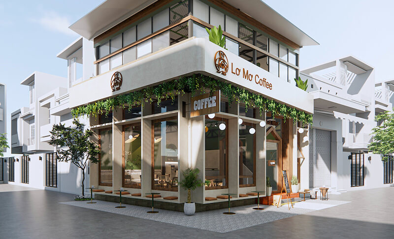 Quán cafe gây ấn tượng với phong cách hiện đại kết hợp mảng xanh treo rủ mềm mại, tạo nên một diện mạo kiến trúc vô cùng tươi mới và sinh động