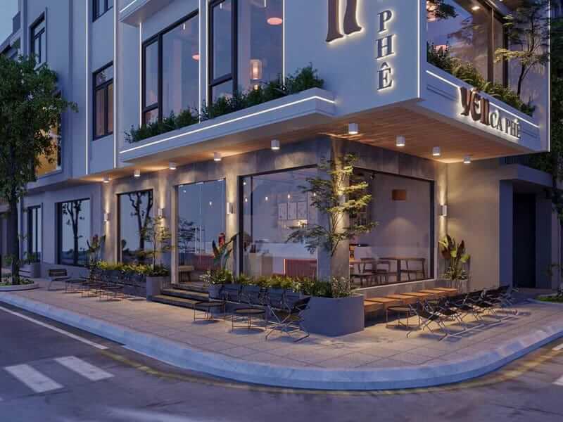 Quán sở hữu kiến trúc hiện đại đầy ấn tượng với hệ thống cửa kính lớn bao quanh, giúp kết nối hoàn hảo không gian nội thất và ngoại thất bên ngoài