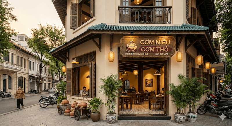 Quán cơm thố mang phong cách Indochine nhẹ nhàng với lam gỗ, tường kem và quạt trần tạo nên không gian thư giãn giữa giờ trưa bận rộn