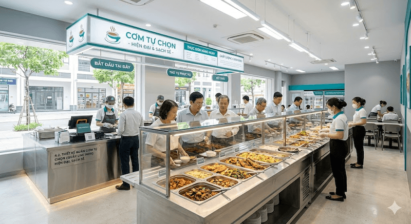 Thiết kế quầy line Inox dạng chữ I giúp khách di chuyển một chiều thuận tiện, hạn chế chen lấn và tăng tốc độ phục vụ giờ trưa
