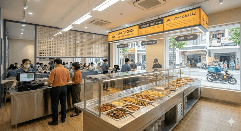 Quầy line Inox giữ nhiệt tốt, dễ lau chùi và giúp món ăn luôn trông nóng sốt, hấp dẫn suốt thời gian phục vụ khách văn phòng