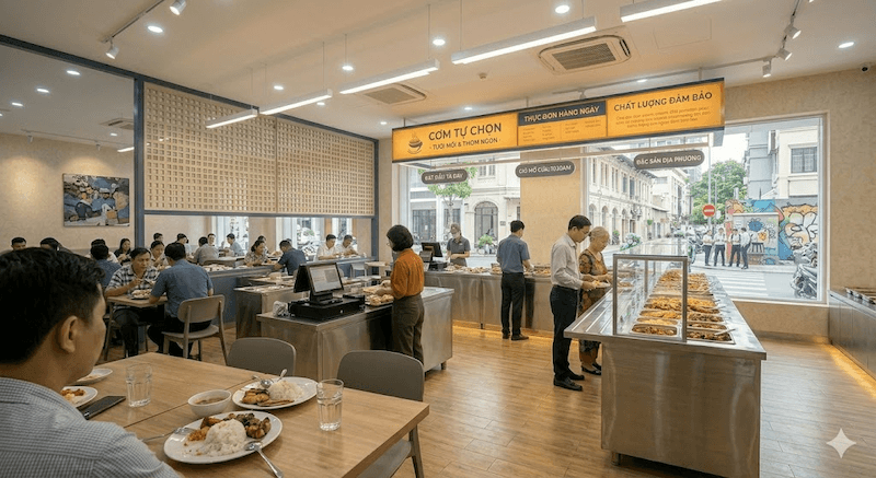 Hệ thống đèn LED trắng chiếu trực tiếp lên quầy Inox giúp món ăn nổi bật hơn, đồng thời tăng cảm giác vệ sinh cho toàn bộ không gian