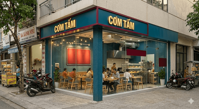 Không gian cơm tấm có máy lạnh giúp khách ăn uống thoải mái hơn, hạn chế nóng bức và mùi thức ăn bám lên quần áo công sở