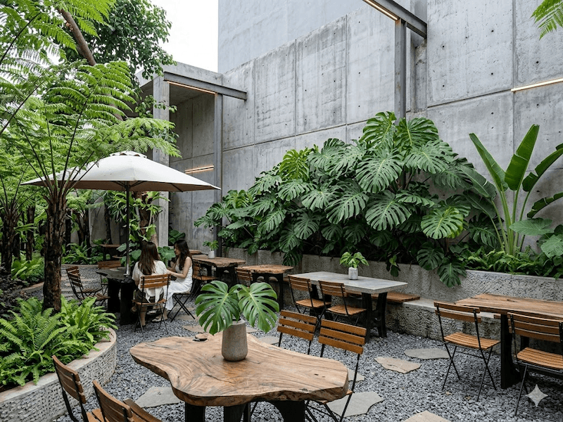 Bố cục không gian ưu tiên sự thoáng đãng giúp khách dễ dàng cảm nhận rõ sự tương phản giữa thiên nhiên và kiến trúc