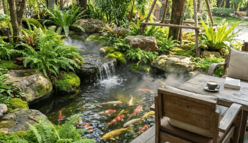 Hồ cá Koi nên đặt làm điểm nhấn trung tâm kết hợp lọc tuần hoàn chống mùi giữ nước sạch tạo chuyển động sinh động và tăng cảm giác thư giãn tự nhiên