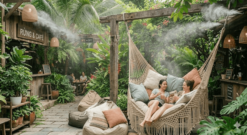 Quán cafe Tropical Bali Resort nổi bật với ghế xích đu tổ chim macrame kết hợp gối lười tạo không gian thư giãn đậm chất nghỉ dưỡng nhiệt đới
