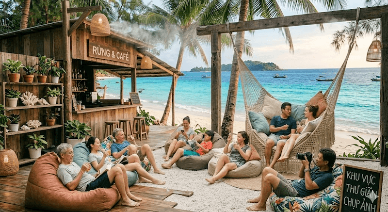 Khu vực seating linh hoạt với bean bag mềm mại giúp khách dễ dàng thư giãn chụp ảnh và tận hưởng không gian xanh mát tự nhiên