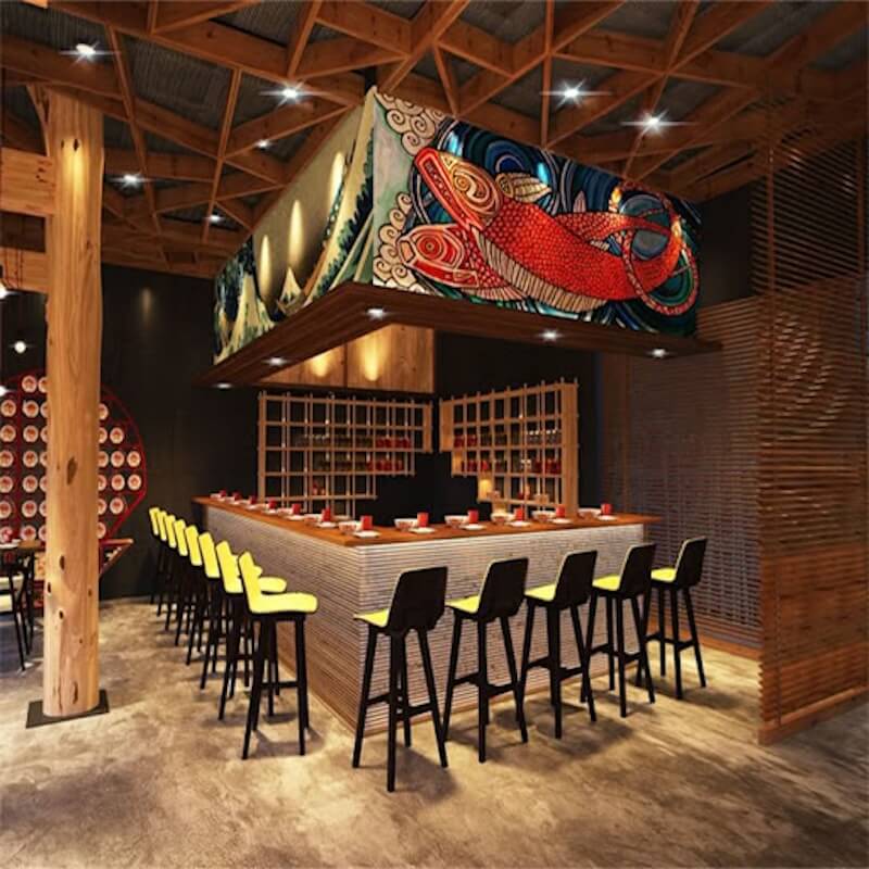 Quầy bar nhà hàng Nhật Bản đề cao sự tối giản trong thiết kế, tạo cảm giác gọn gàng, tinh tế và dễ chịu cho khách hàng