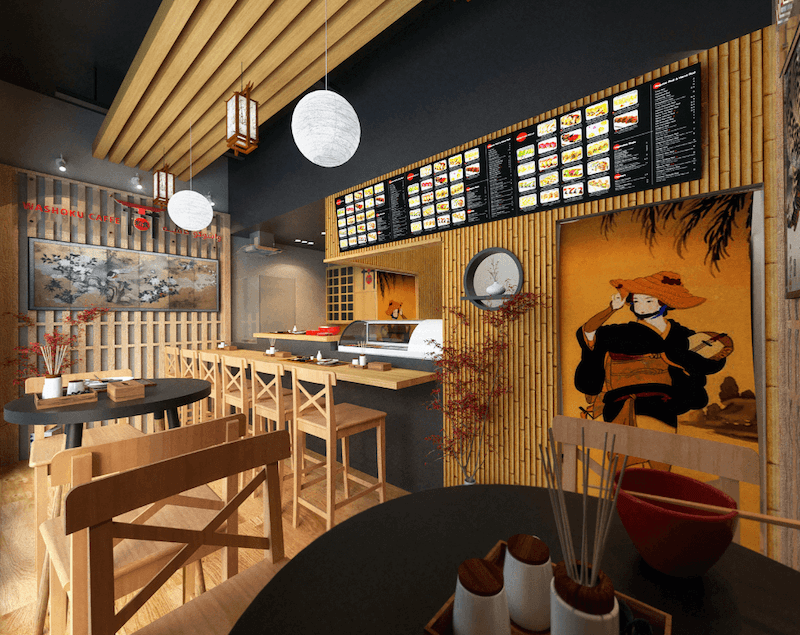 Thiết kế quầy bar ưu tiên đường nét thẳng, hạn chế chi tiết trang trí nhằm thể hiện triết lý thẩm mỹ tinh giản của Nhật Bản