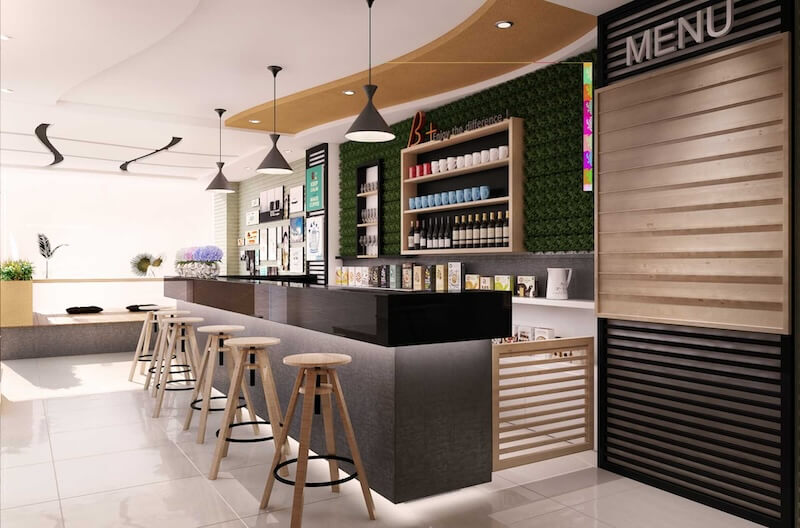 Quầy bar chữ I (thẳng) phù hợp với nhà hàng có diện tích nhỏ hoặc mặt bằng hẹp ngang, giúp tiết kiệm không gian, tối ưu bố cục và thuận tiện cho vận hành
