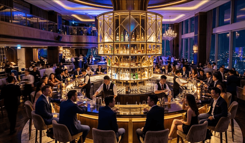 Quầy bar ốc đảo phù hợp với nhà hàng lớn, club hoặc lounge cao cấp, tạo điểm nhấn trung tâm ấn tượng, tăng trải nghiệm khách hàng và thể hiện sự sang trọng