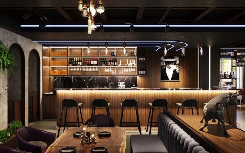 Quầy bar nhà hàng Âu thường sử dụng gỗ tự nhiên kết hợp đá cao cấp, tạo cảm giác sang trọng, ấm cúng và đẳng cấp vượt thời gian