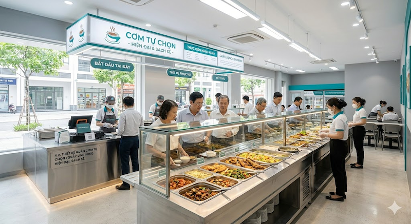 Thiết kế quầy line kết hợp tủ kính trưng bày món ăn giúp thực khách dễ lựa chọn, đồng thời tạo cảm giác vệ sinh và chuyên nghiệp hơn (Nguồn: AI)