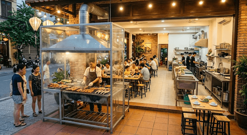 Nên đặt lò nướng gần mặt tiền hoặc cuối hướng gió, kết hợp hệ thống hút khói để hạn chế ám mùi trong quán và tận dụng hương thơm thu hút khách đi đường